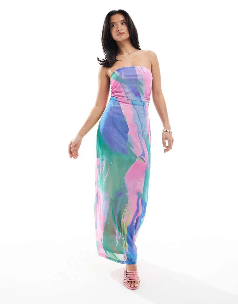 Vero Moda Petite Vero Moda Petite mesh bandeau maxi dress in pink and blue abstract 1