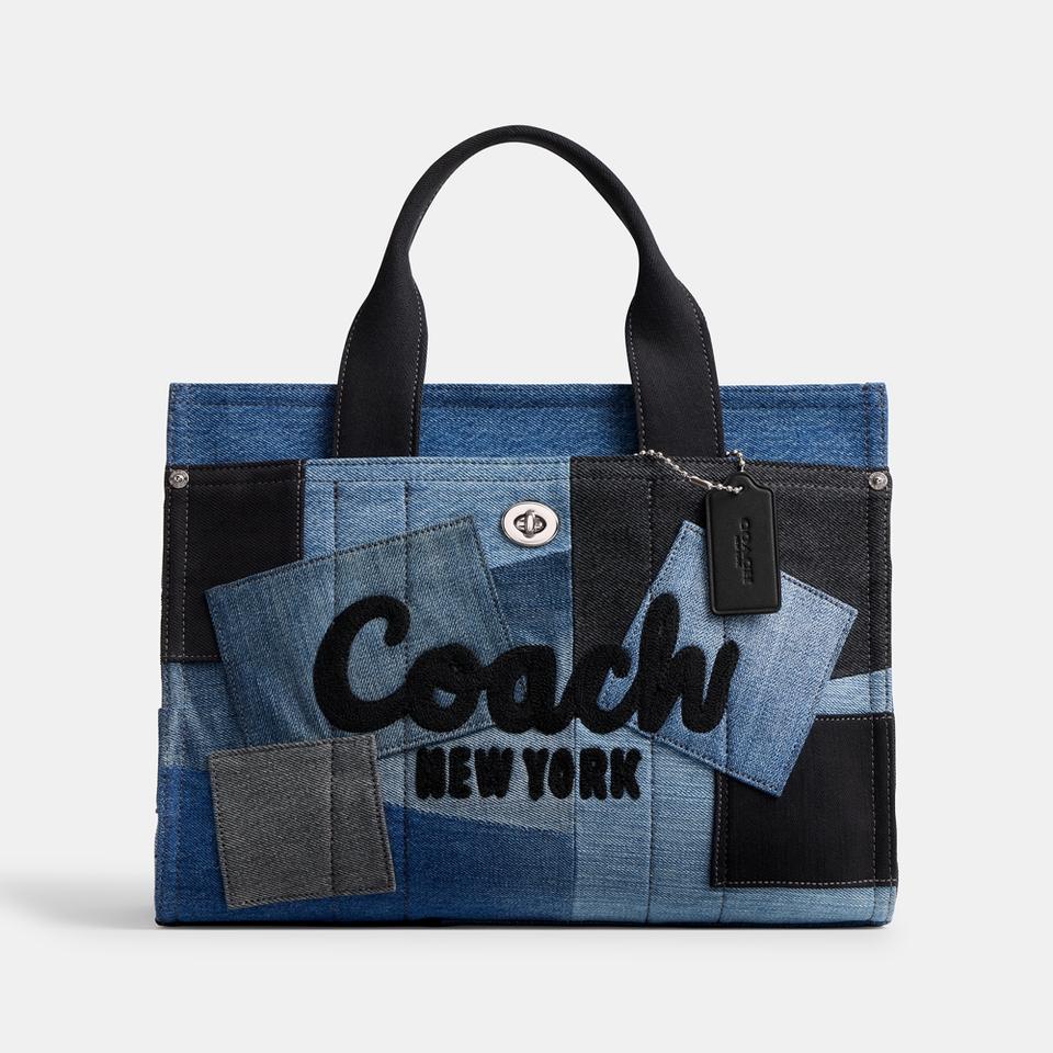バッグ COACH denim leather tote bag NICE Coach Vtg Y2K Denim Patchwork Whiskey Leather Trim