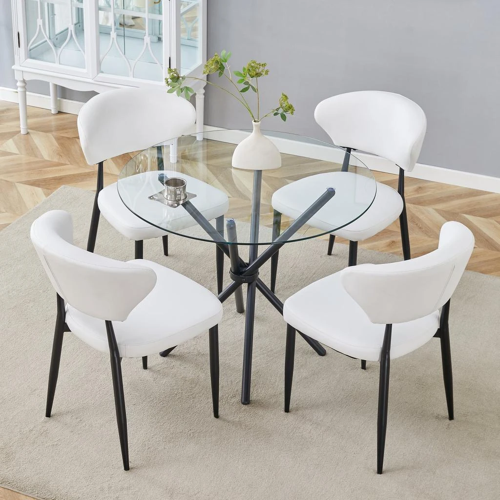 Streamdale Furniture Streamdale Glass Round Table 
4 White PU Chairs