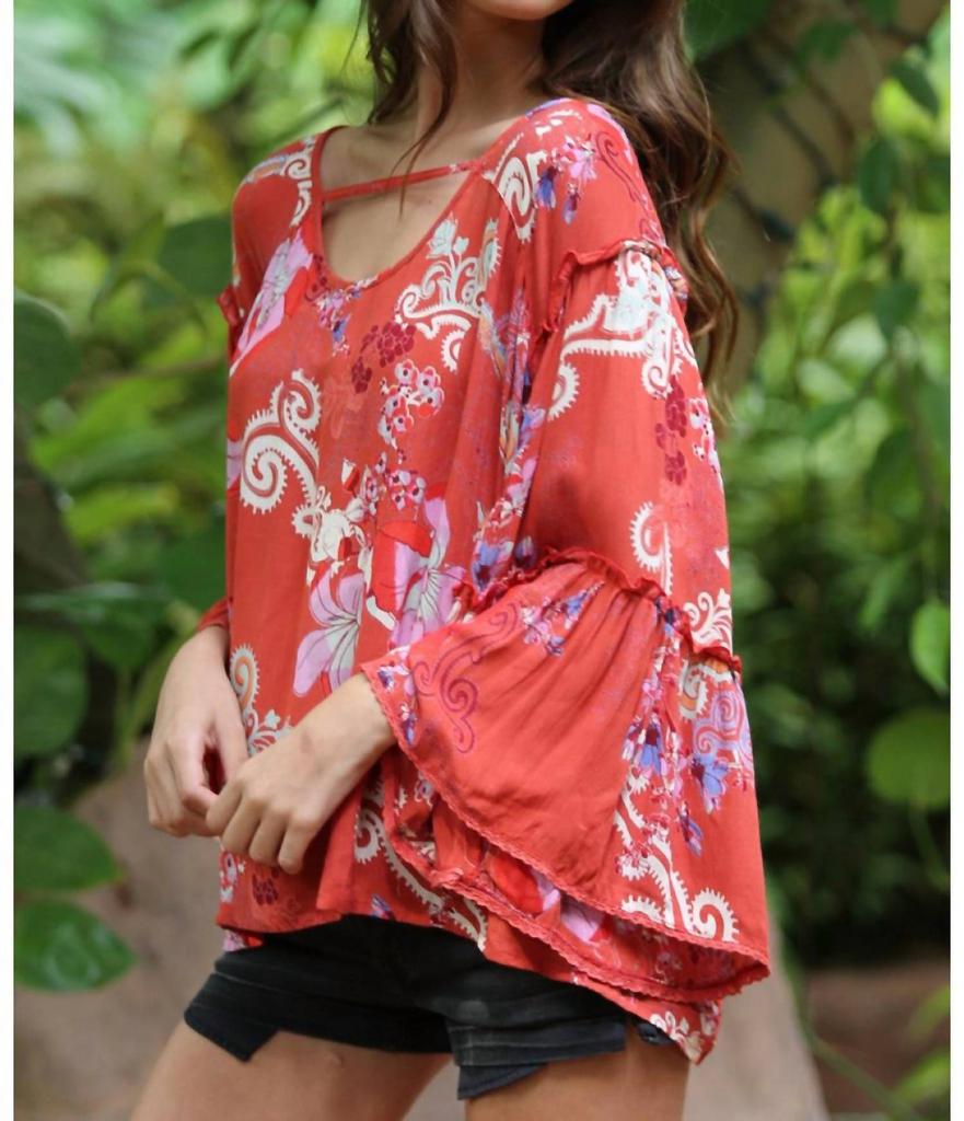 Angie Angie - Floral Ruffle Seam Bell Sleeve Tunic