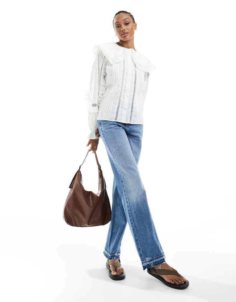 ASOS ASOS DESIGN tall  lace and broderie insert shirt with large collar in ivory 4