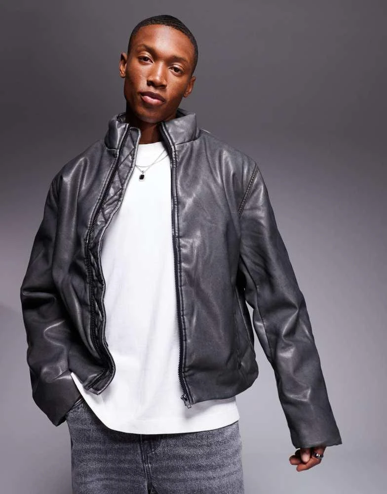 ASOS ASOS DESIGN washed faux leather puffer jacket in black 1