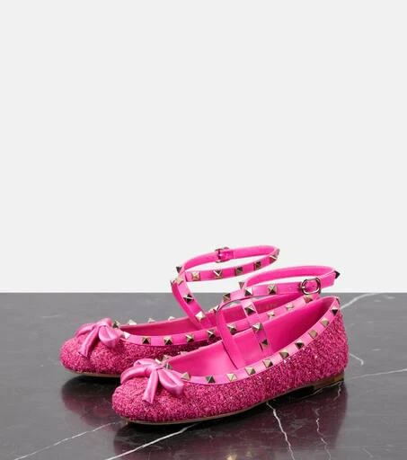Valentino Rockstud leather-trimmed bouclé ballet flats 5