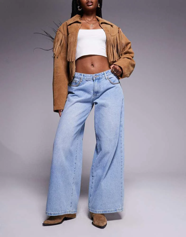 Princess Polly Princess Polly low rise stud detail baggy wide leg jeans in light blue wash 1