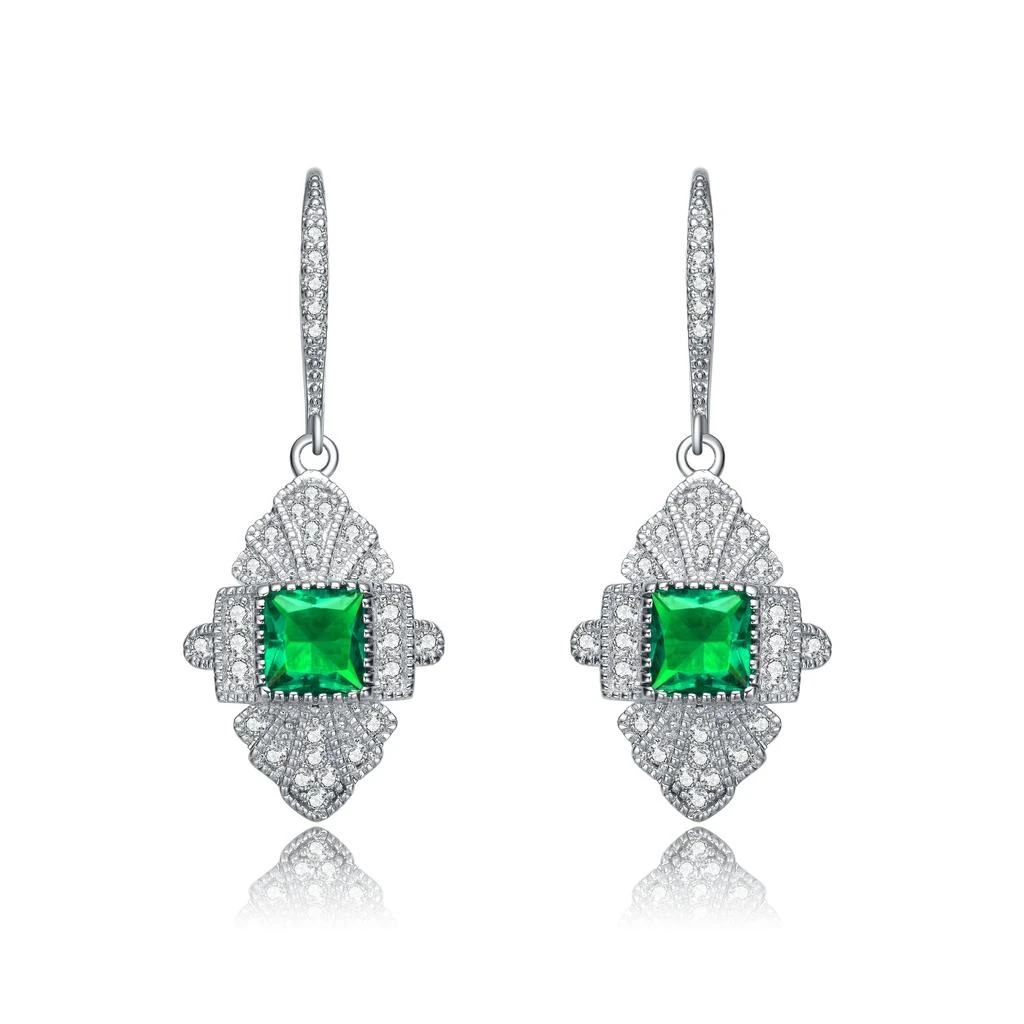 Genevive GENEVIVE Sterling Silver Emerald Cubic Zirconia Pave Drop Earrings 2