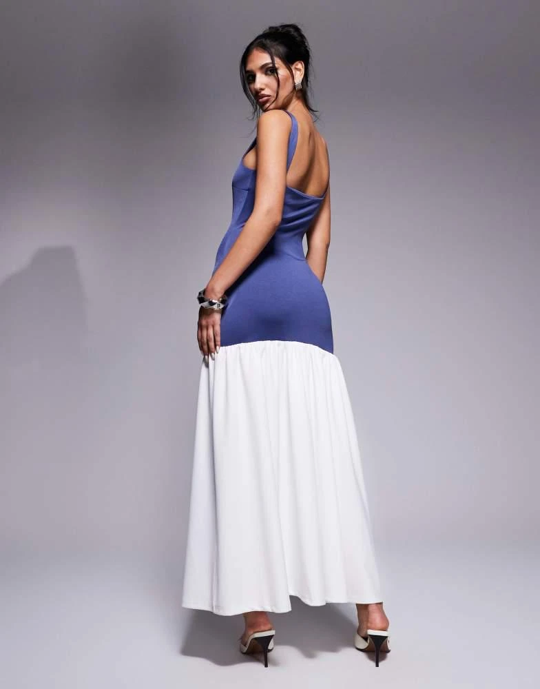 Kaiia Kaiia exclusive square neck contrast drop waist maxi dress in dark blue and cream 3