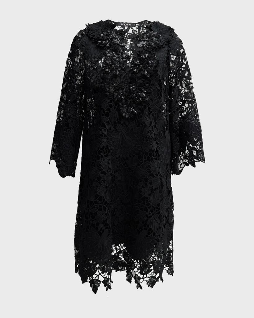 UNGARO Hannah 3/4-Sleeve Floral Lace Shift Dress
