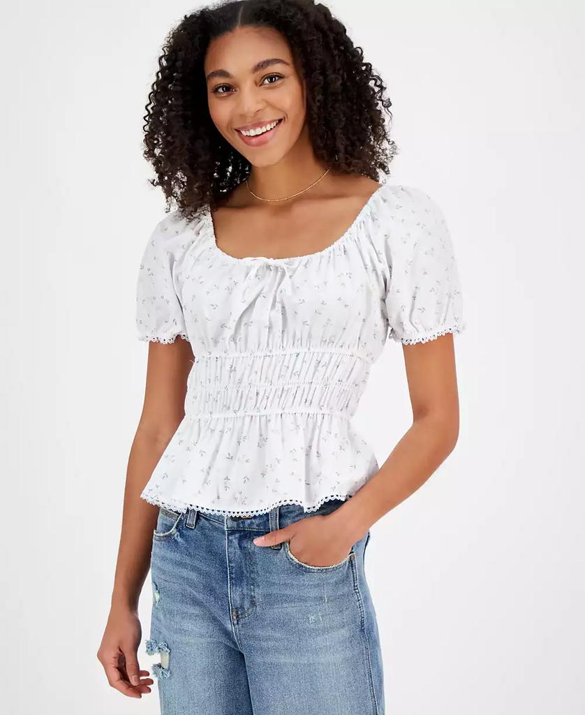 Celebrity Pink Juniors' Ruched Floral Puff-Sleeve Top