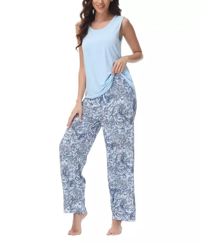 Echo Design Women's Solid 2 Piece Tank Top with Printed Wide Pants Pajamas Set 5