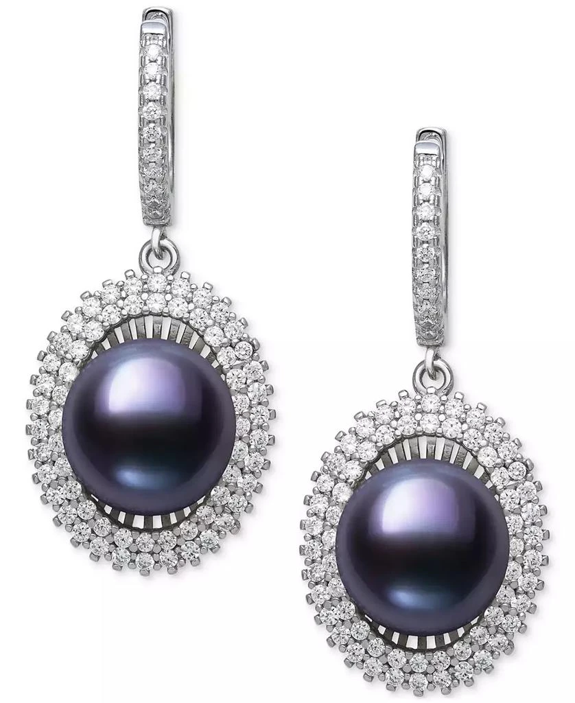 Belle de Mer Peacock Black Cultured Freshwater Pearl (10mm) & Cubic Zirconia Halo Drop Earrings in Sterling Silver (Also in White Cultured Freshwater Pearl) 3