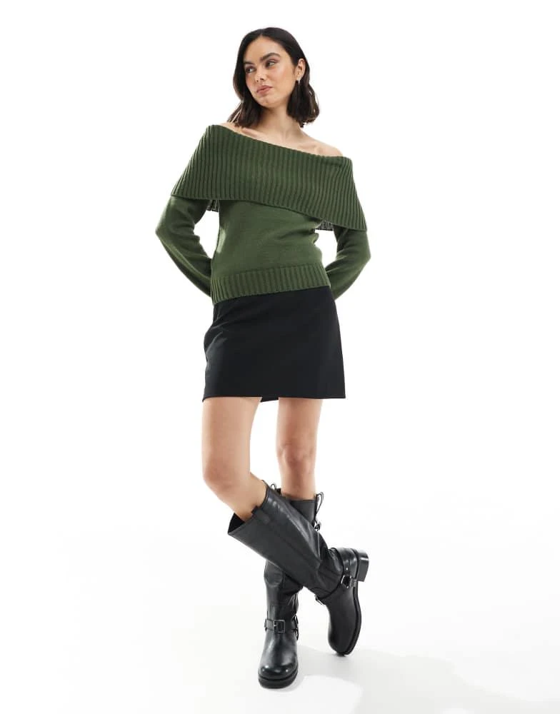ASOS ASOS DESIGN knitted bardot jumper with rib detail in olive 2