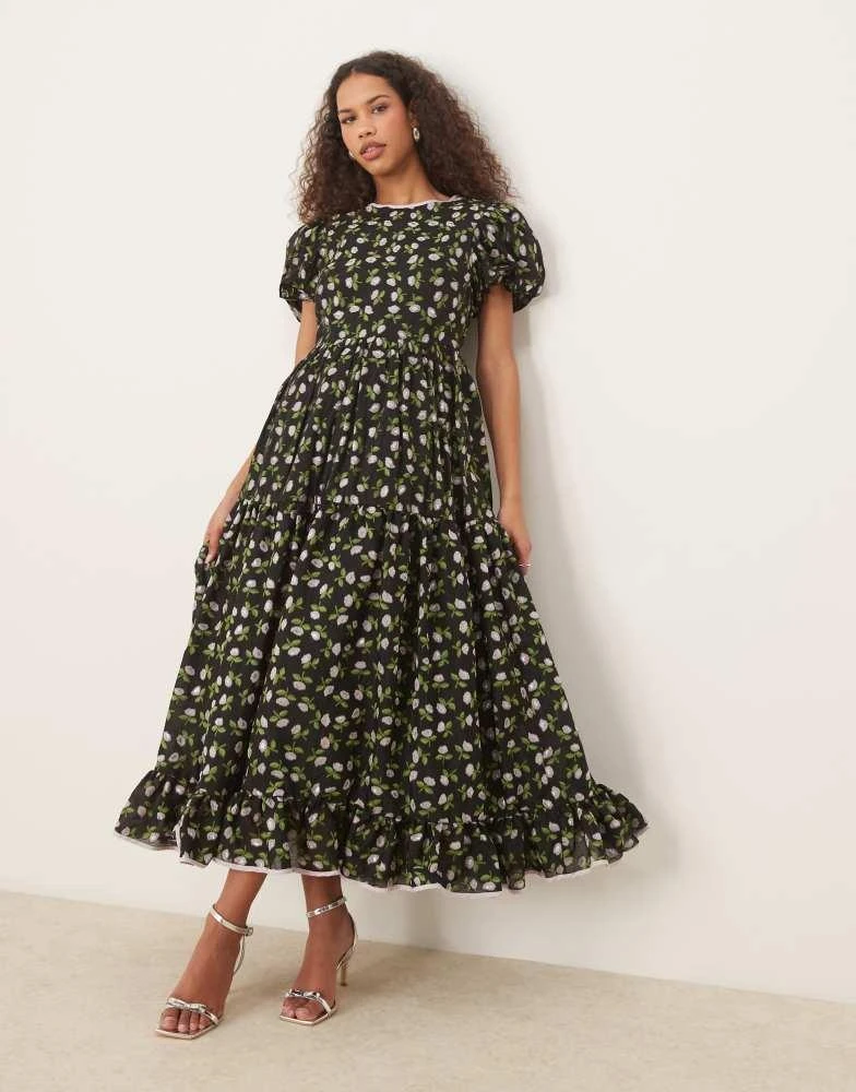 Sister Jane Sister Jane puff sleeve maxi dress in black floral 1