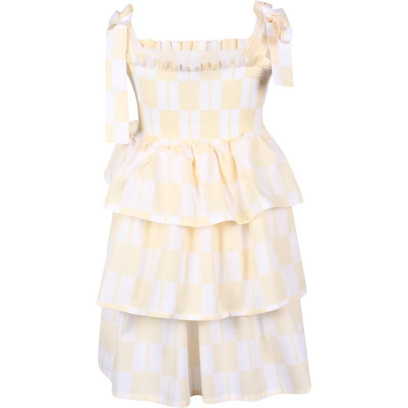 Loud Apparel Checkered tiered strappy dress in yellow and cream