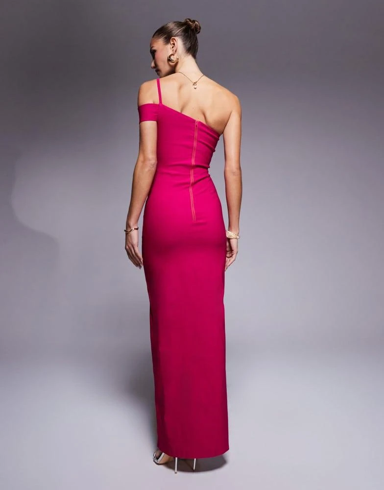 Vesper Vesper One shoulder maxi dress with fold over band in cerise 3