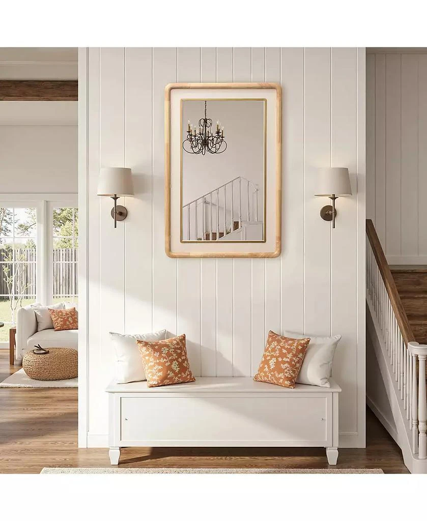 LuxenHome Rounded Rectangle Decorative Wall Mirror, 35" Rubberwood Frame with PU Leather Accent 3