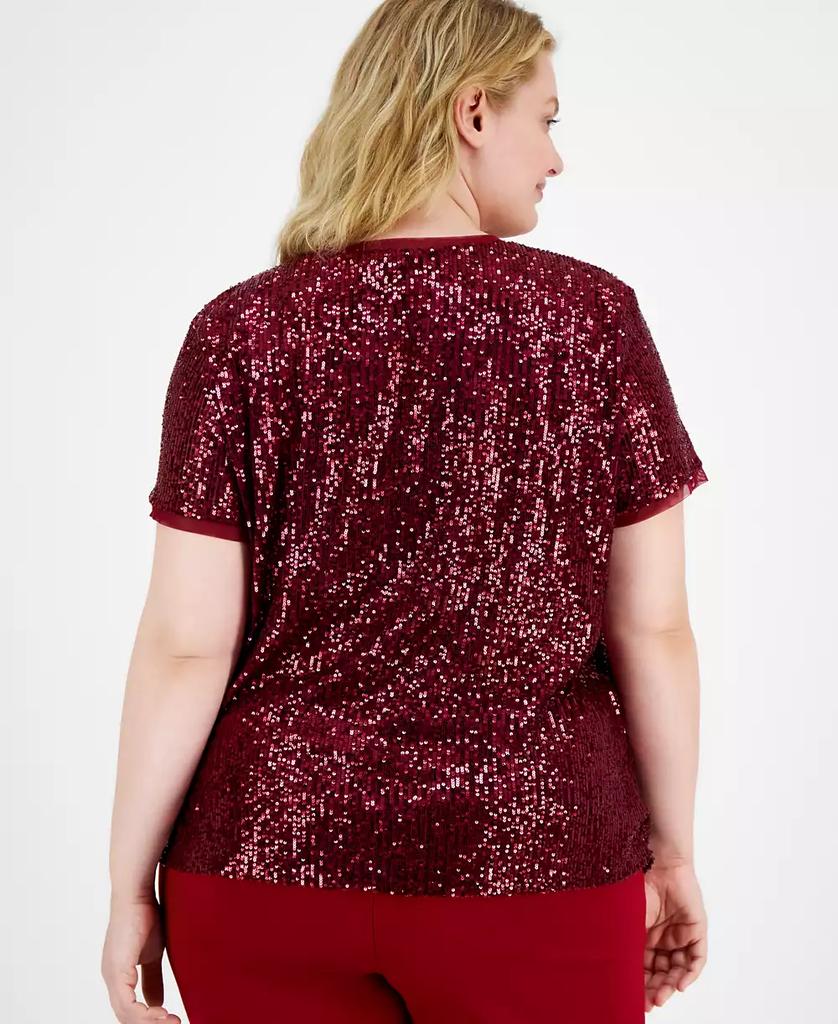 Anne Klein Plus Size Sequined Mesh-Trim Short-Sleeve Top