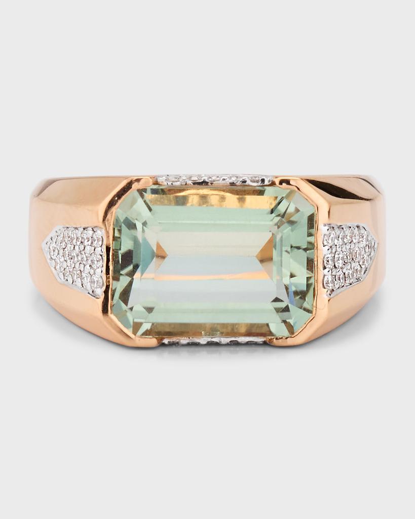 Piranesi 18K White and Rose Gold Emerald Cut Green Amethyst Ring with Pave Diamonds, Size 6.5