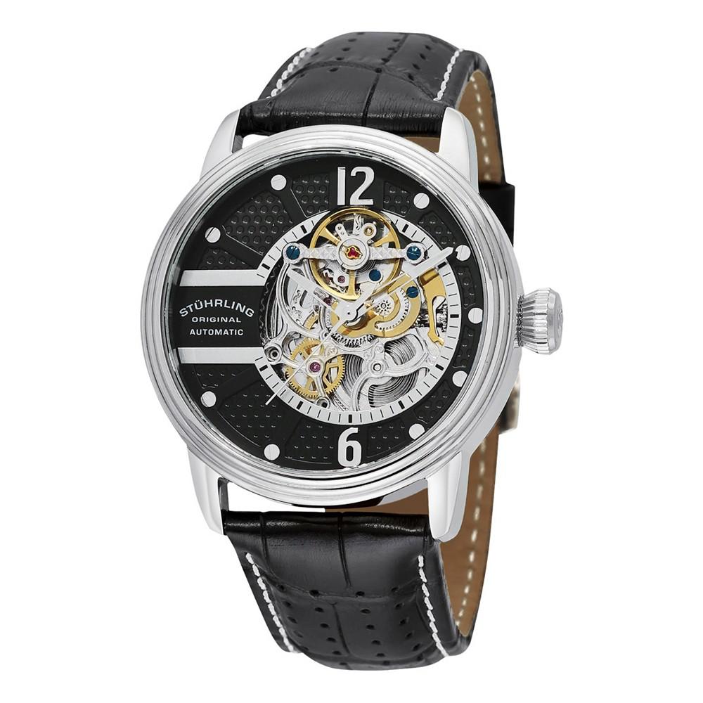 Stuhrling Stainless Steel Case on Black Perforated Alligator Embossed Genuine Leather Strap with White Contrast Stitching, Black Skeletonized Dial, with Silver Tone Accents