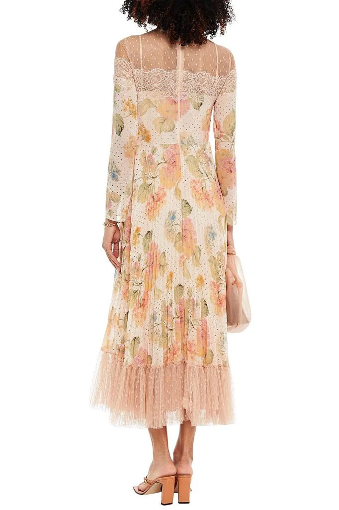 REDVALENTINO Pleated floral-print georgette, lace and point d'esprit midi dress 3