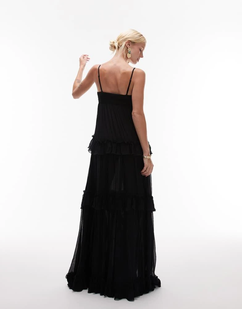Mango Mango featuring Kaia Gerber premium bandeau ruffle tiered detail maxi dress in black 2