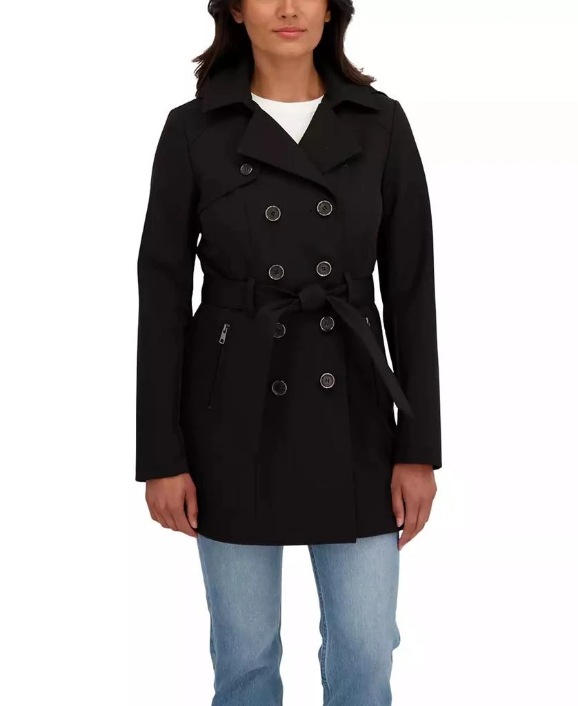 Sebby Collection Women's Belted Double Breasted Soft Shell Trench Coat With Detachable Hood