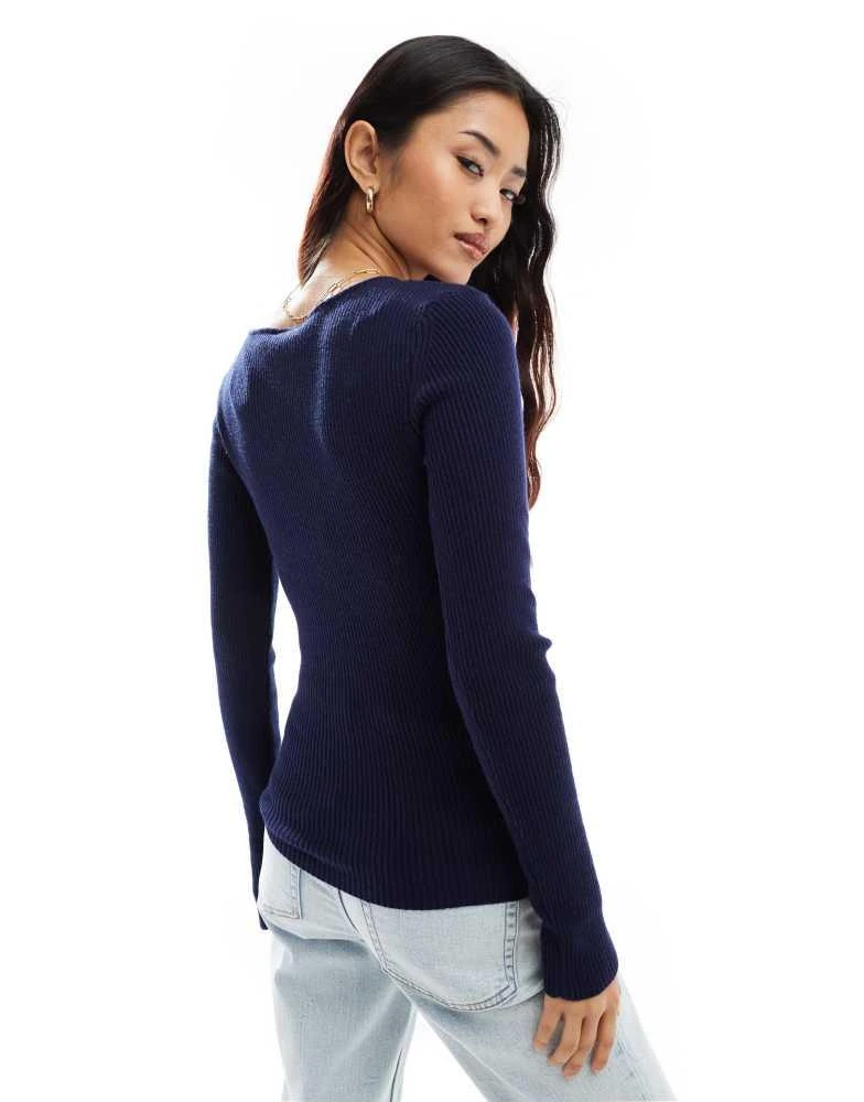 Y.A.S. YAS asymmetric neck long sleeve knitted top in navy - NAVY 4
