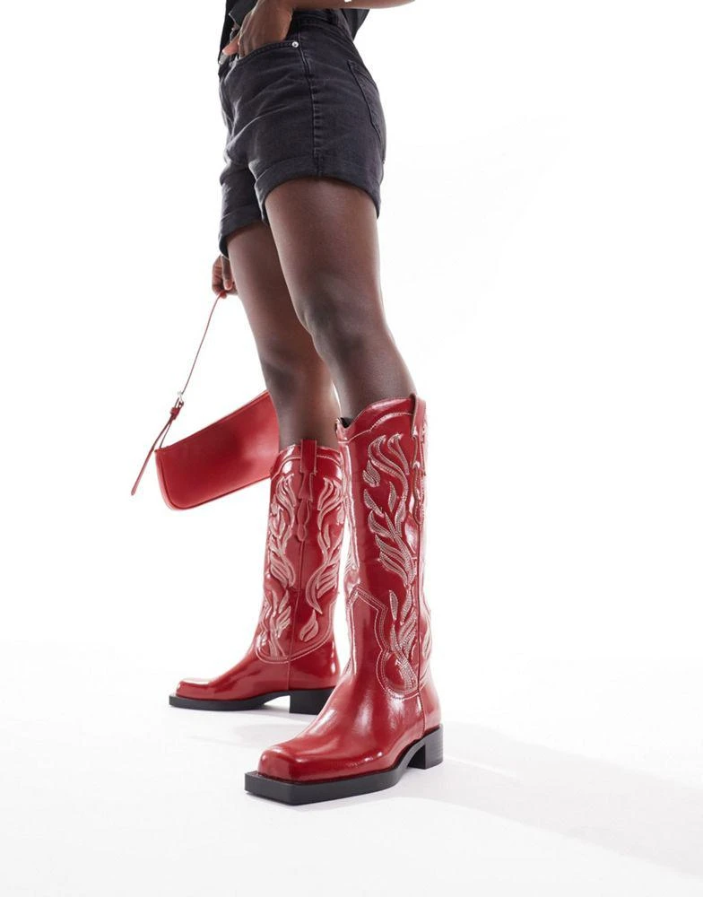 Stradivarius Stradivarius suede square toe western boot in red 1