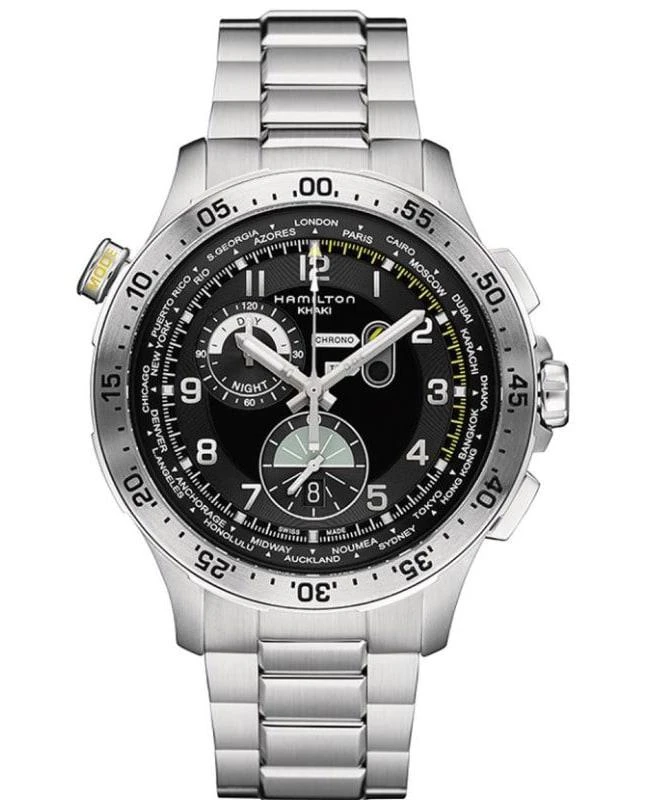 Hamilton Hamilton Khaki Aviation Worldtimer Chrono Quartz Black Dial Stainless Steel Men's Watch H76714135 1