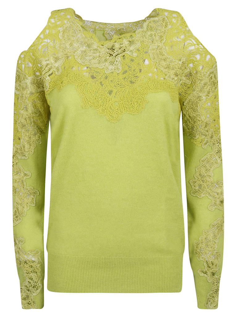 Shop Ermanno Scervino Floral-Laced Off-Shoulder Knitted Top on