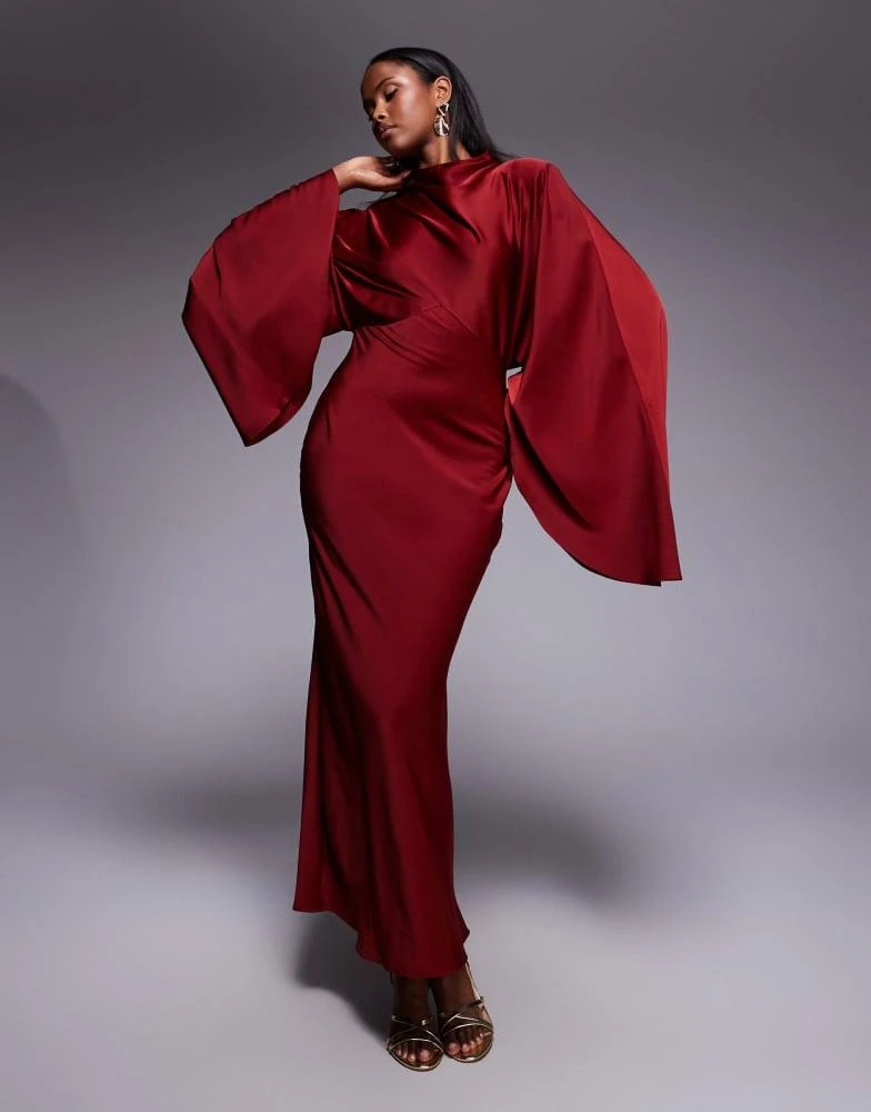 Shop ASOS DESIGN funnel neck satin maxi dress with exaggerated sleeves in  red on Sale at BeyondStyle  Get 10% Off ASOS DESIGN funnel neck satin maxi  dress with exaggerated sleeves in