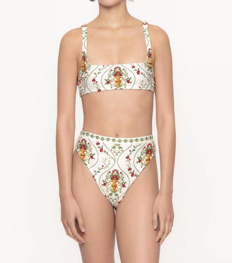 Agua by Agua Bendita Gualanday Remedios Hand Embroidered Bikini Bottom In Off White-Green-Red