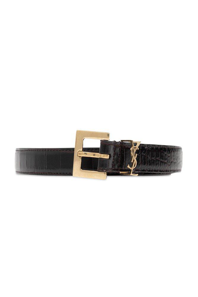 Saint Laurent Brown Leather Belt with logo plaque store buckle