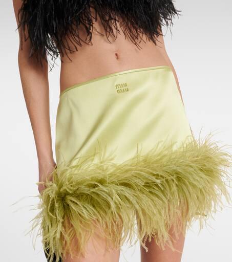 Shop Feather-trimmed satin miniskirt on Sale at BeyondStyle