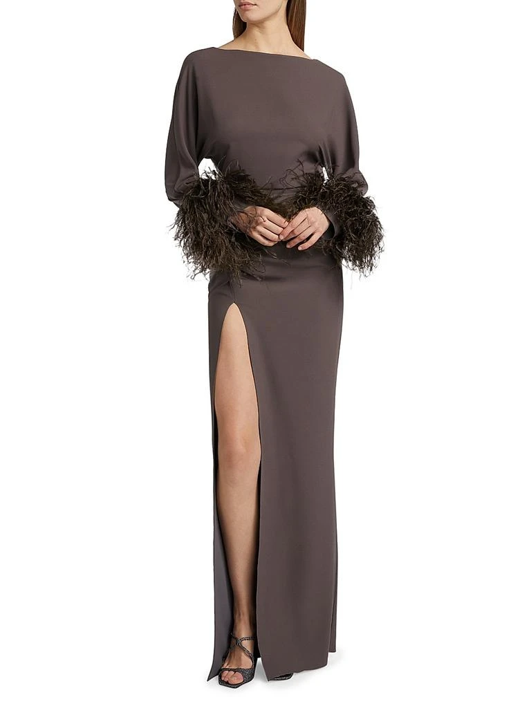 Feather Trim Crepe Long-Sleeve Maxi Dress  On Sale Now with Up to 40% Off  | Discover Exclusive Deals & Savings at BeyondStyle  Authentic LAPOINTE  boatneck|long sleeve|column gown|women's apparel|feathers|dresses|premier|Women's|solid|women's|floor  ...