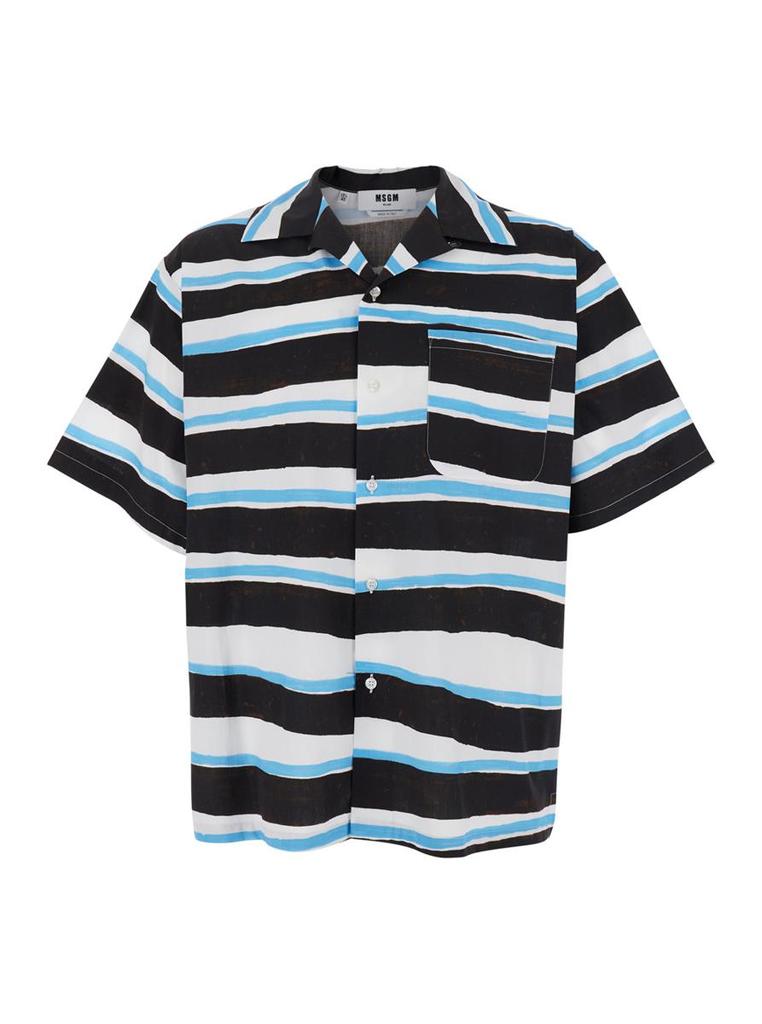 MSGM Blue Shirt With All-Over Asymmetric Striped Motif In Cotton Man