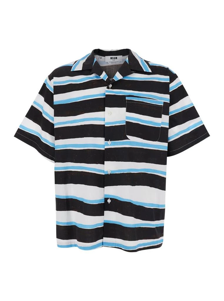 Msgm Blue Shirt With All-Over Asymmetric Striped Motif In Cotton Man 1