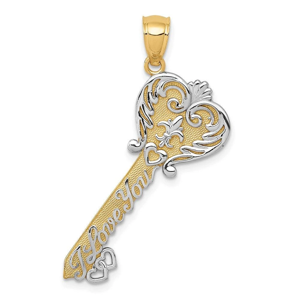 Diamond2Deal 14k Yellow Gold White Rhodium Polished I LOVE YOU Filigree Heart Key Charm