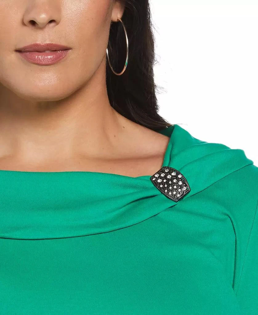 Rafaella Plus Size Ribbed Marilyn Neck 3/4 Sleeve Top with Decorative Brooch 4