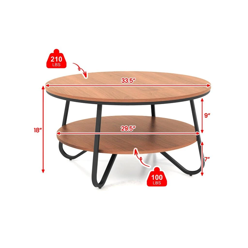 Hivvago Industrial Style Round Coffee Table with Wood-Look Top and Heavy Metal Support 3