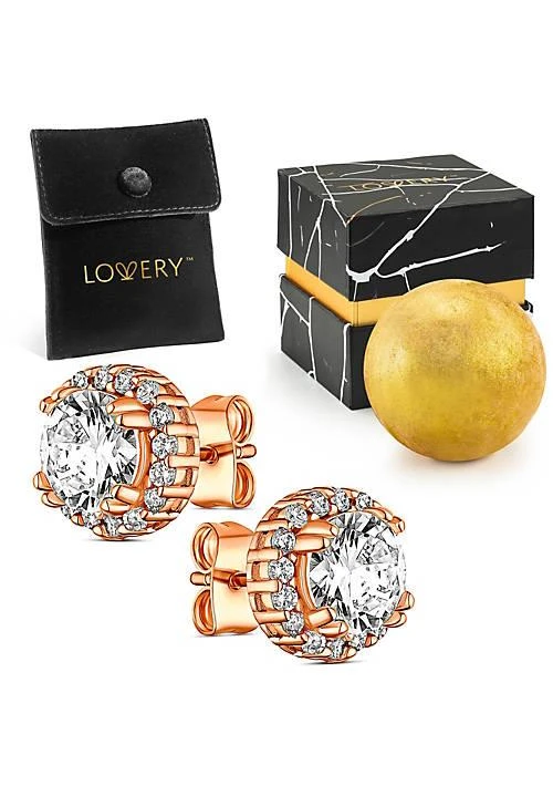 Lovery 14K Rose Gold Plated Halo CZ Stud Earring with Pouch, Bath Bomb 
Gift Box