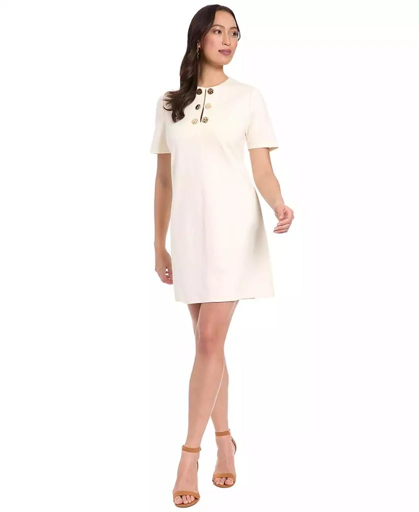 London Times Women's Novelty Button Crewneck Shift Short Dress