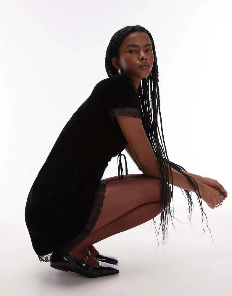 Topshop velvet tea dress mini with lace edge trim in black  On Sale Now  with Up to 6% Off | Discover Exclusive Deals & Savings at BeyondStyle   Authentic Topshop Home|women