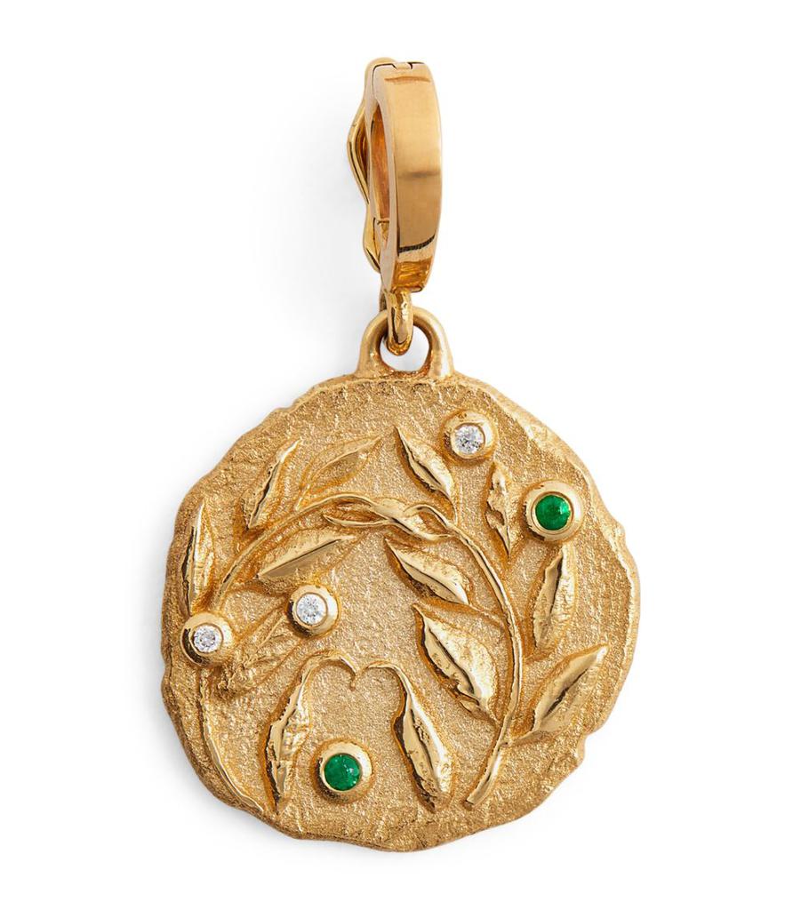 Azlee Small Yellow Gold, Diamond and Emerald Olive Branch Coin Charm