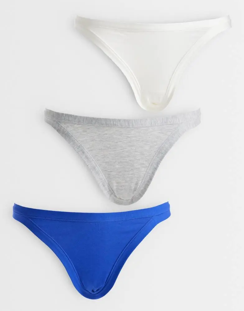 ASOS ASOS DESIGN 3 pack 90's tanga brazilian in grey marl, white & cobalt