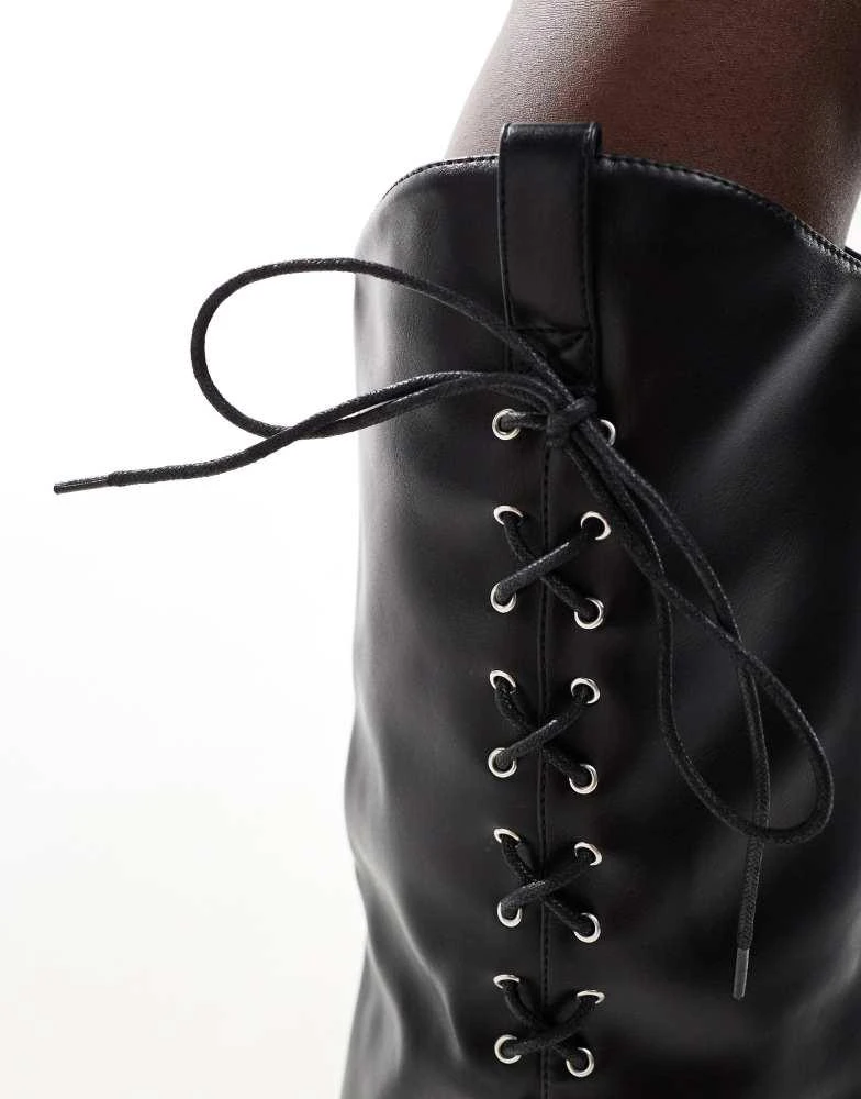 Glamorous Glamorous foldover western heeled knee boots with lace up bow in black 3