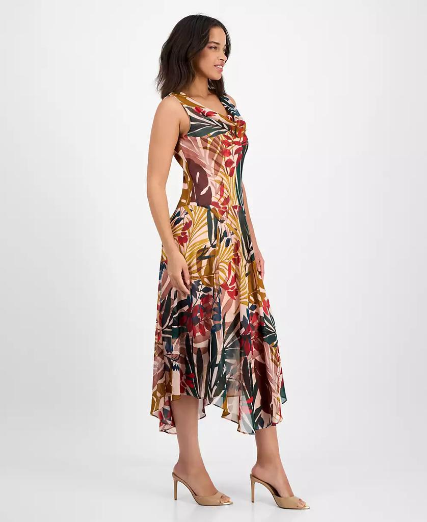 Robbie Bee Women's Printed Draped-Neck Asymmetric Dress