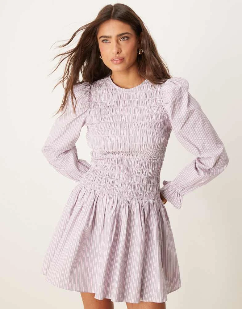 Glamorous Glamorous long sleeve shirred drop waist poplin dress in lilac stripe 2