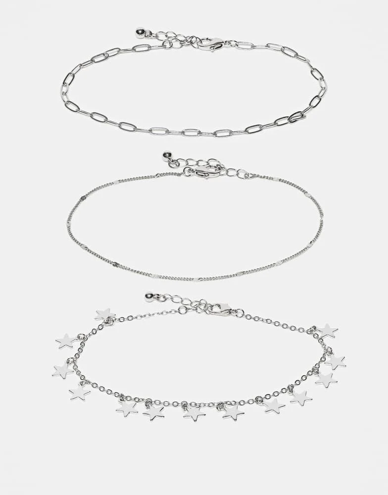 ASOS ASOS DESIGN pack of 3 anklet with star charms in silver tone 1