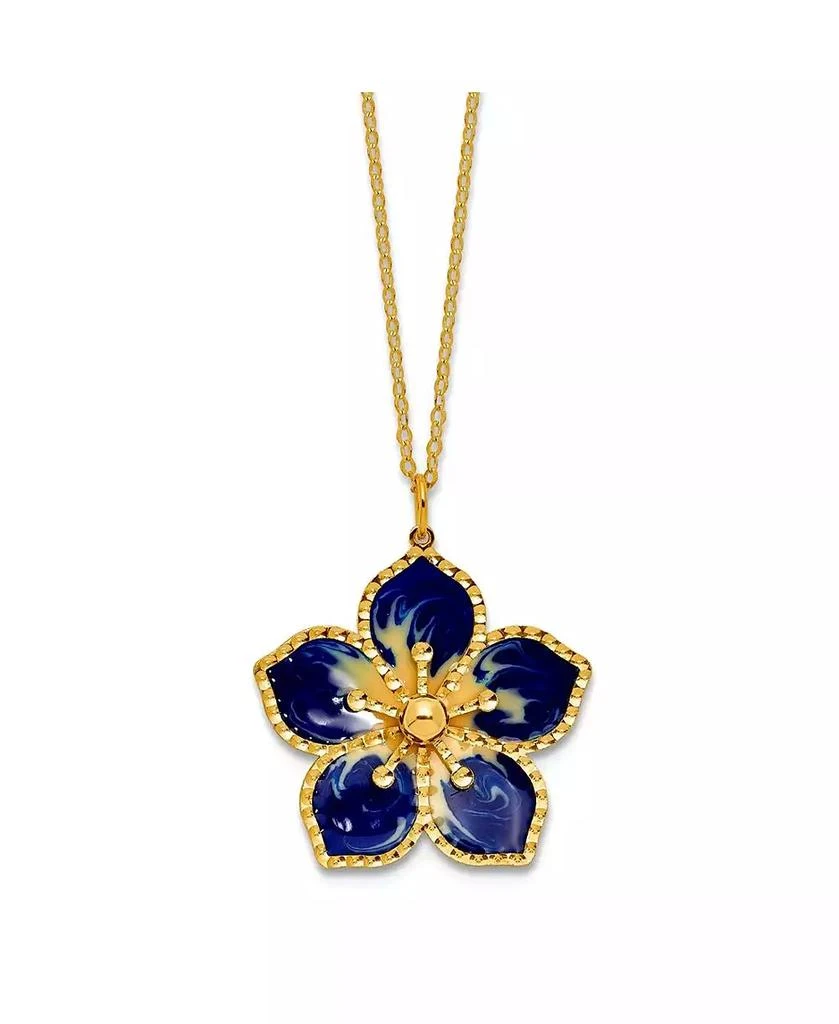 Curata Jewelry 14K Yellow Gold 18 Inch Italian Navy Enamel Textured Plumeria Necklace