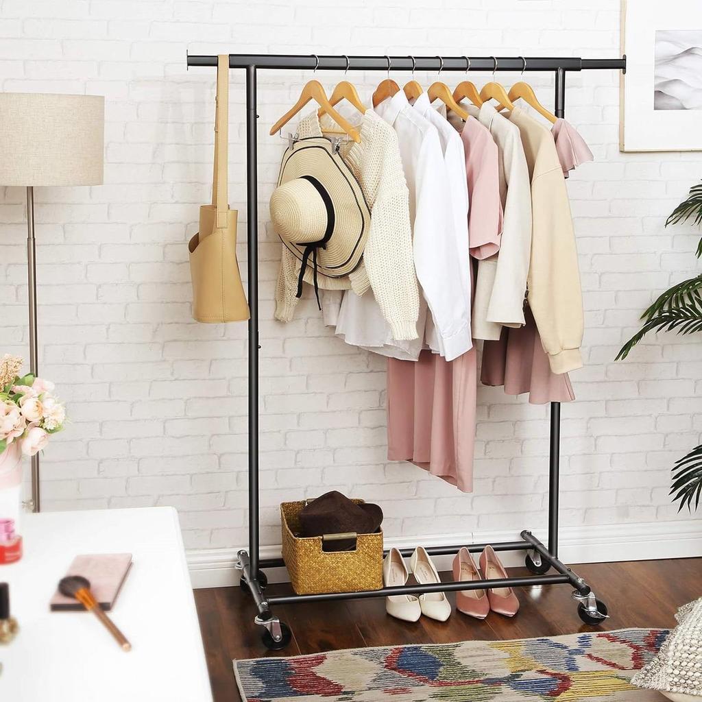 QuikFurn Heavy Duty Black Metal Garment Rack Clothes Hanging Bar on Lockable Wheels